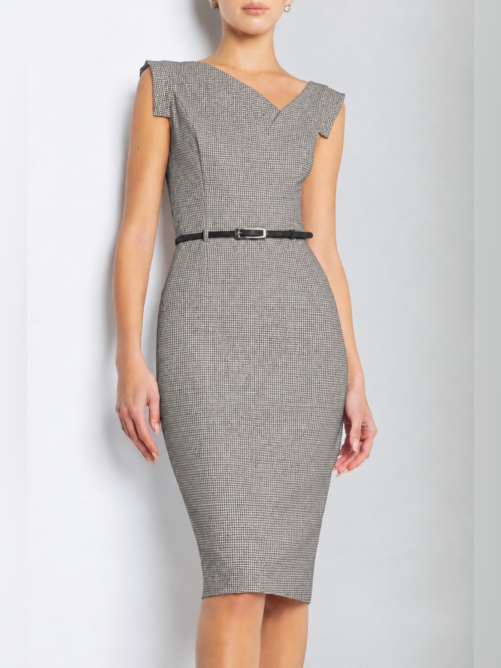Black Halo Jackie O Belted Gray Houndstooth Sheath Midi Dress